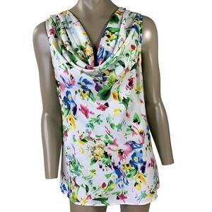 Chadwicks Floral Draped Cowl Neck Tops Women Size L Sleeveless Chiffon Blouse